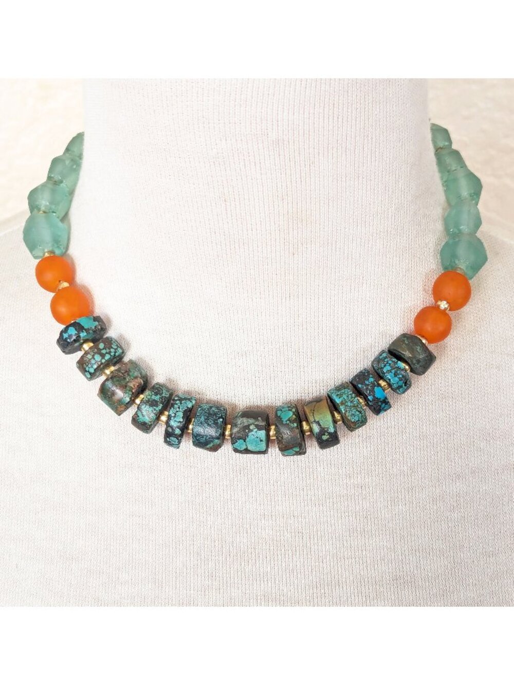 Seafoam Green & Orange Turquoise & Recycled African Glass Statement Necklace